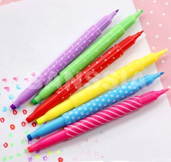 6 stks/pak Kleurrijke dubbele hoofden markeerstift pennen/Kawaii pen/dubbele punt en stempel pennen Office supply & Briefpapier (ss-a1010)