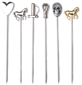 6 Stks/partij Herbruikbare Roestvrij Staal Fruit Drinken Sticks Met Box Cocktail Martini Picks Bar Wedding Party Tools