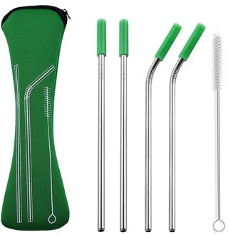 6 stks/set Herbruikbare Rvs Rietjes Reinigingsborstel Drinken Metalen Stro met Siliconen Tips Draagtas voor Koffie Bar Camping groen