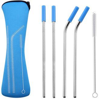 6 stks/set Herbruikbare Rvs Rietjes Reinigingsborstel Drinken Metalen Stro met Siliconen Tips Draagtas voor Koffie Bar Camping lucht blauw