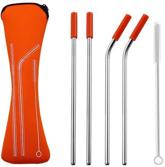 6 stks/set Herbruikbare Rvs Rietjes Reinigingsborstel Drinken Metalen Stro met Siliconen Tips Draagtas voor Koffie Bar Camping oranje