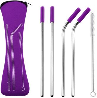 6 stks/set Herbruikbare Rvs Rietjes Reinigingsborstel Drinken Metalen Stro met Siliconen Tips Draagtas voor Koffie Bar Camping paars