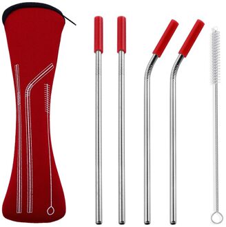 6 stks/set Herbruikbare Rvs Rietjes Reinigingsborstel Drinken Metalen Stro met Siliconen Tips Draagtas voor Koffie Bar Camping rood