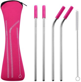 6 stks/set Herbruikbare Rvs Rietjes Reinigingsborstel Drinken Metalen Stro met Siliconen Tips Draagtas voor Koffie Bar Camping roos