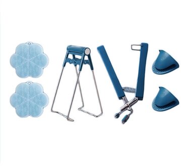 6 Stks/set Kom Gebruiksvoorwerp Houder Klem Pot Clip Pan Schotel Plaat Kom Grijper Siliconen Isolatie Mat Tang Keuken Anti-Slip Tool Blauw