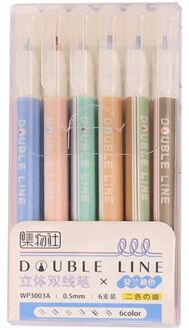 6 Stks/set Morandi Kleur Dubbele Lijn Fluorescerende Marker Overzicht Pen Markeerstift Schrijven Tekening Pennen