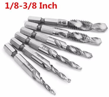 6 Stuks 1/8 - 3/8 Inch Bsw Draad Hss Combinatie Boor Tap Bit Set 1/4 Inch Hex Shank ontbramen Countersink Bits