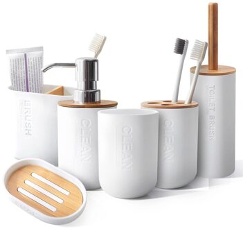 6 Stuks Bamboe Badkamers Set Wc Borstel Tandenborstelhouder Cup Zeephouder Emulsie Dispenser Container Badkamer Accessoires reeks of 6