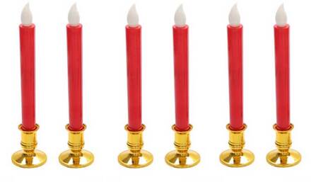 6 Stuks Flikkerende Led Taper Kaarsen Met Geel Licht, Battery Operated Electronic Aangedreven Decoratieve Kaars Licht rood met houder