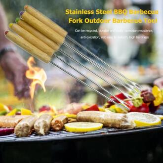 6 Stuks Houten Handvat Bbq Stok Vork Roestvrij Spies Gebraden Kebab Lange Handvat Voedsel Houders Outdoor Thuis Barbecue Party Supply