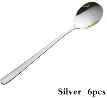 6 Stuks Kleurrijke Rvs Lange Steel Koffielepel Scoop Pollepel Metalen Koreaanse Dessert Lepel Kerst Diner Lepels zilver 6stk