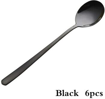 6 Stuks Kleurrijke Rvs Lange Steel Koffielepel Scoop Pollepel Metalen Koreaanse Dessert Lepel Kerst Diner Lepels zwart 6stk