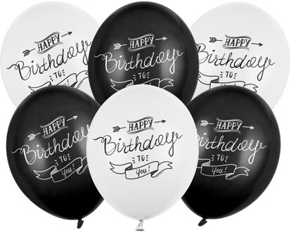 6 zwart wit Happy Birthday ballonen - Decoratie > Ballonnen