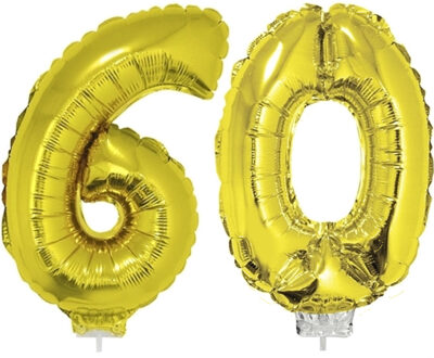 60 jaar leeftijd feestartikelen - versiering cijfers - ballonnen op stokje - van 41 cm - goud