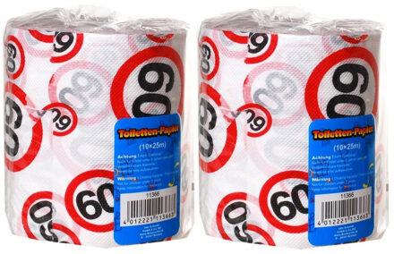 60 jaar verjaardag cadeau - Set van 2x stuks - wc/toiletpapier - 25m - feestartikelen - verkeersbord