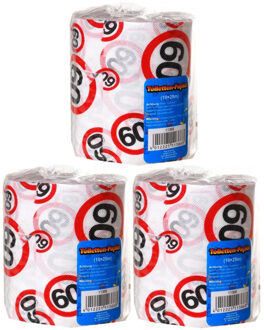 60 jaar verjaardag cadeau - Set van 3x stuks - wc/toiletpapier - 25m - feestartikelen - verkeersbord