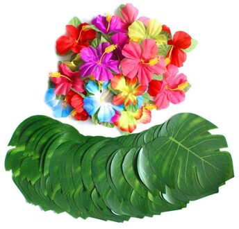60 Pcs Tropical Party Decoratie Benodigdheden 8 inch Tropische Palm Monstera Bladeren en Hibiscus Bloemen, Simulatie Leaf voor Hawai