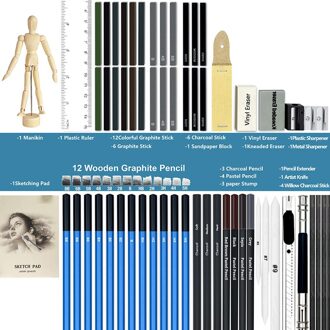 60 Stks/set Professionele Schets Potlood Houtskool Borstel Houten Doos Schets Gereedschap Houten Man Heerser Tekening Schilderij Set Art Supplies
