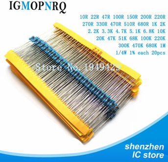 600pcs/set 30 Kinds 1/4W Resistance 1% Metal Film Resistor Pack Assorted Kit 1K 10K 100K 220ohm 1M Resistors 300pcs/set