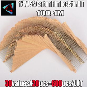 600pcs/set 30 Kinds 1/8W Resistance 5% 0.125W Carbon Film Resistor Pack Assorted Kit 1K 10K 100K 220ohm 1M Resistors