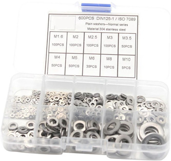600Pcs/Set M1.6 M2 M2.5 M3 M3.5 M4 M5 M6 M8 M10 Stainless Steel Flat Washer Plain Washer Gaskets Assortment Kit