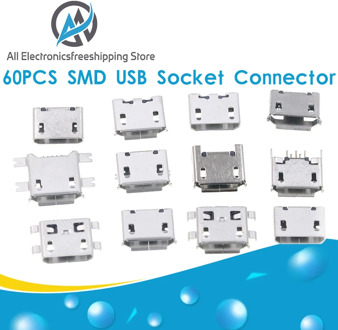 60pcs/lot 5 Pin SMT Socket Connector Micro USB Type B Female Placement 12 Models SMD DIP Socket Connector