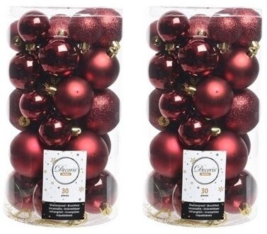 60x Kunststof kerstballen glanzend/mat/glitter donkerrode kerstboom versiering/decoratie - Kerstbal Rood