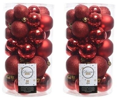 60x Kunststof kerstballen glanzend/mat/glitter rode kerstboom versiering/decoratie - Kerstbal Rood