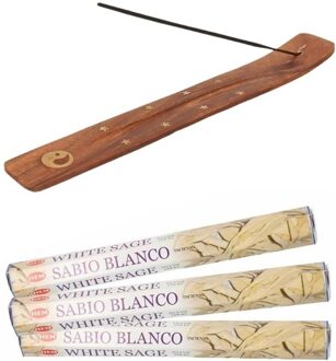 60x Wierookstokjes witte salie met houder Ying Yang set