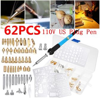 62Pcs 60W Elektrische Soldeerbout Houtgestookte Pen Tip Kit Pyrography Craft Tool Voor Houtbewerking Solderen Metal Tool deel 110V US plug Pen