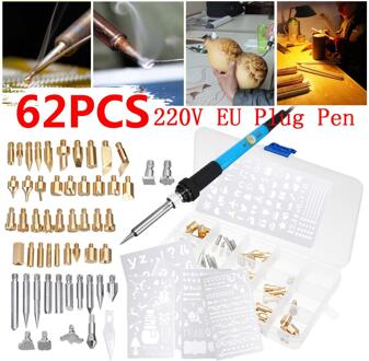 62Pcs 60W Elektrische Soldeerbout Houtgestookte Pen Tip Kit Pyrography Craft Tool Voor Houtbewerking Solderen Metal Tool deel 220V EU plug Pen