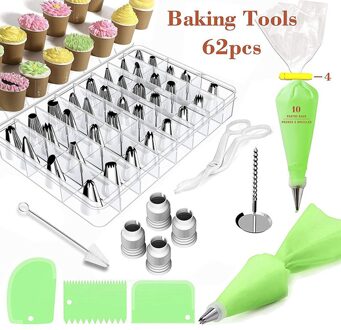 62Pcs Rvs Icing Piping Nozzle Tips Bakken Gereedschappen Groene Cake Schraper Borstel Zak Decorating Gereedschap