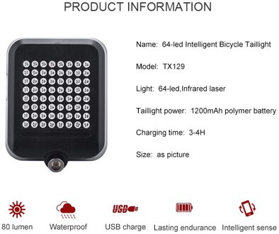 64 LED Automatische Richting Indicator Fiets Achter Achterlicht USB Oplaadbare Fietsen MTB Bike Veiligheidswaarschuwing Richtingaanwijzers Licht