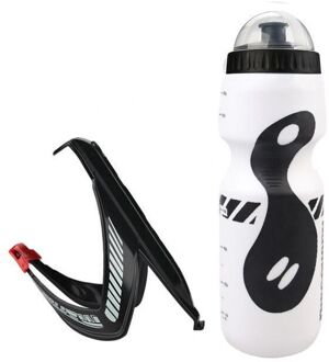 650Ml Fiets Waterbottle Weg Mountainbike Water Fles Met Houder Kooi Outdoor Fietsen Waterkoker Fiets Accessoire wit-zwart