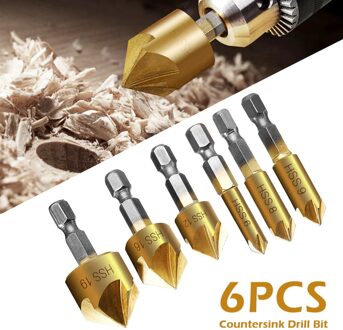 6Pc Zeskantopnameschacht Titanium Coated 5 Fluiten Hss Verzinkboor Afschuining Boor 1/4 "Gecoat Houtbewerking Core Dril Bit hole Saw