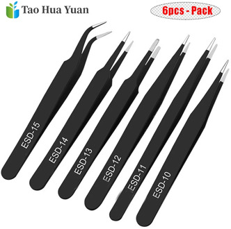 6pcs Anti-static ESD10-15 Stainless Steel Tweezers Maintenance Tools Industrial Precision Curved Straight Tweezers Repair Tools