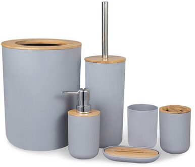 6Pcs Bamboe Hout Badkamer Set Tandenborstelhouder Zeepbakje Prullenbak Toiletborstel Container grijs