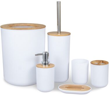 6Pcs Bamboe Hout Badkamer Set Tandenborstelhouder Zeepbakje Prullenbak Toiletborstel Container wit