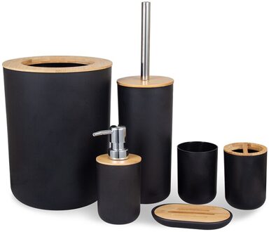 6Pcs Bamboe Hout Badkamer Set Tandenborstelhouder Zeepbakje Prullenbak Toiletborstel Container zwart