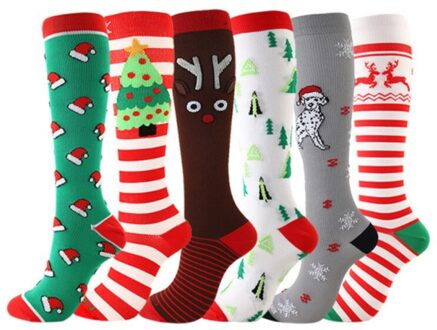 6Pcs Compressie Sokken Knie Hoge/Lange Kerst Cap Boom Herten Gestreepte Gedrukt Polyester Nylon Kousen Schoeisel Accessoires S/M
