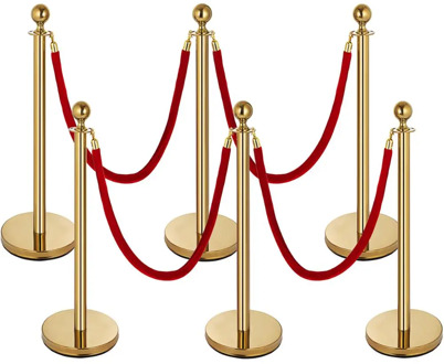 6Pcs Gold/Silver Stanchion Posts + 5Ft Velvet Ropes, 38 Inch Crowd Control Poles Barrier Queue Line for Ceremony Museum Events