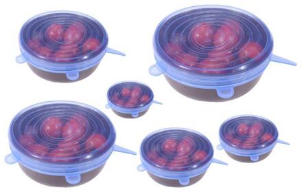 6Pcs Herbruikbare Silicon Stretch Deksels Universele Deksel Silicone Voedsel Wrap Kom Pot Deksel Siliconen Cover Pan Koken Keuken Stoppers Blauw