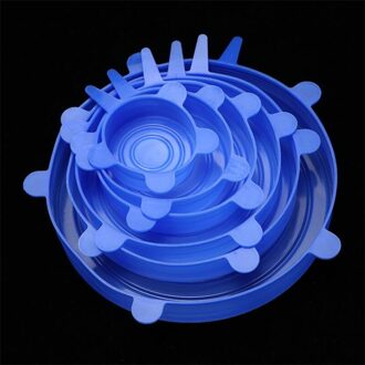 6Pcs Herbruikbare Siliconen Caps Voedsel Cover Verstelbare Stretch Kom Deksels Keuken Wrap Seal Verse Houden Kookgerei Accessoires Blauw