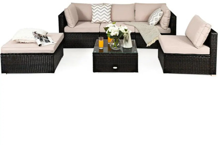 6PCS Outdoor Patio Rattan Furniture Set Cushioned Sectional Sofa Ottoman HW63878+