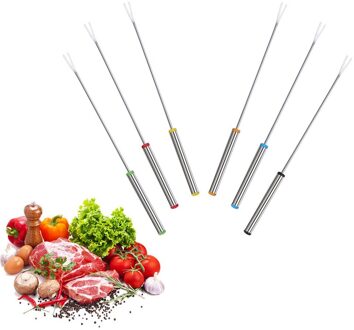 6Pcs Rvs Gegrilde Vlees Barbecue Vork Fruit Vork Dessert Vork Bbq Tool Herbruikbare Platte Barbecue Spiesjes Bbq Naald stok