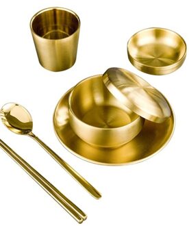 6Pcs Rvs Koreaanse Servies Barbecue Restaurant Cup Lepel Eetstokjes Diner Plaat goud