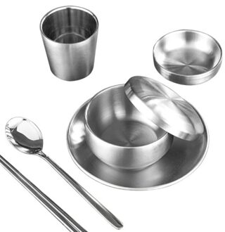 6Pcs Rvs Koreaanse Servies Barbecue Restaurant Cup Lepel Eetstokjes Diner Plaat zilver
