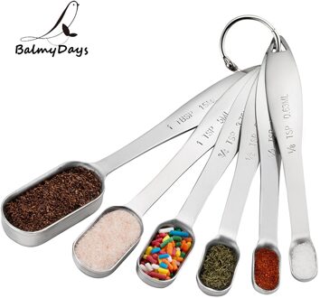 6Pcs Rvs Maatlepels Smalle Meten Theelepel Set Maatbeker Droge Vloeibare Spice Suiker Koffie Keuken Schaal