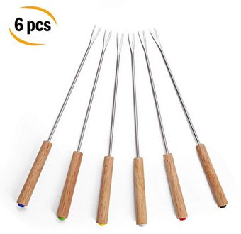 6Pcs Rvs Vorken Met Houten Handvat, Vlees Fruit Hotdog Vork Beste Voor Bbq Camping Kampvuur Grill