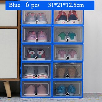 6Pcs Transparante Schoen Dozen Opslag Verdikte Stofdicht Schoenen Organizer Box Bovenop Combinatie Schoenenkast Dispaly blauw